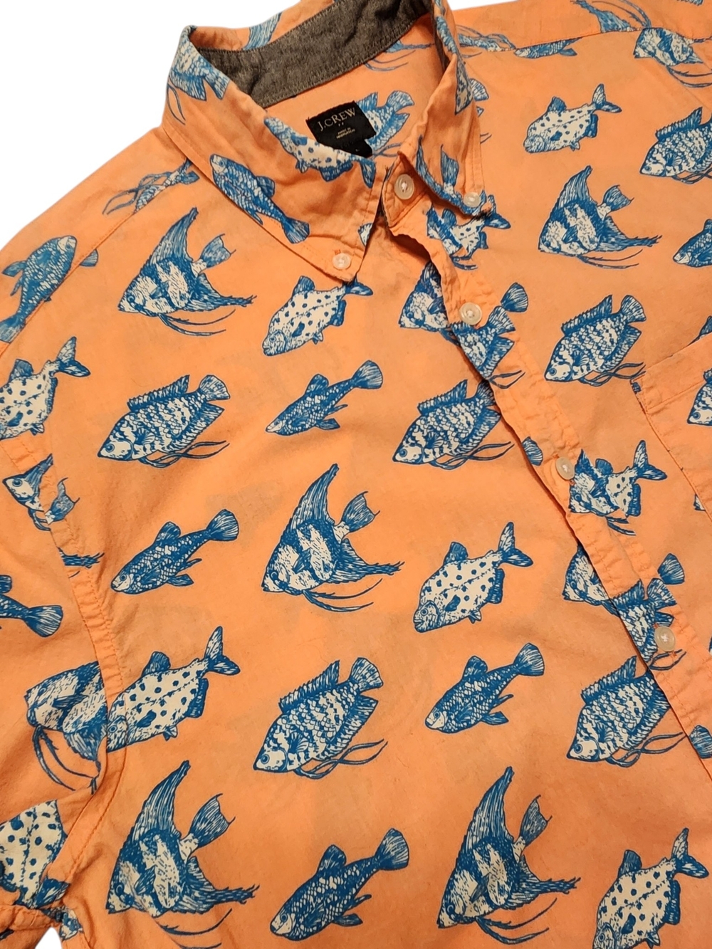 J.CREW Fisherman Orange Blue Fish Print Button-Down Short Sleeve Shirt Size L
